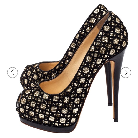 Giuseppe Zanotti Shoes - Giuseppe Zanotti Black Sharon Glitter And Lace Peep Toe Platform Pumps Size 37